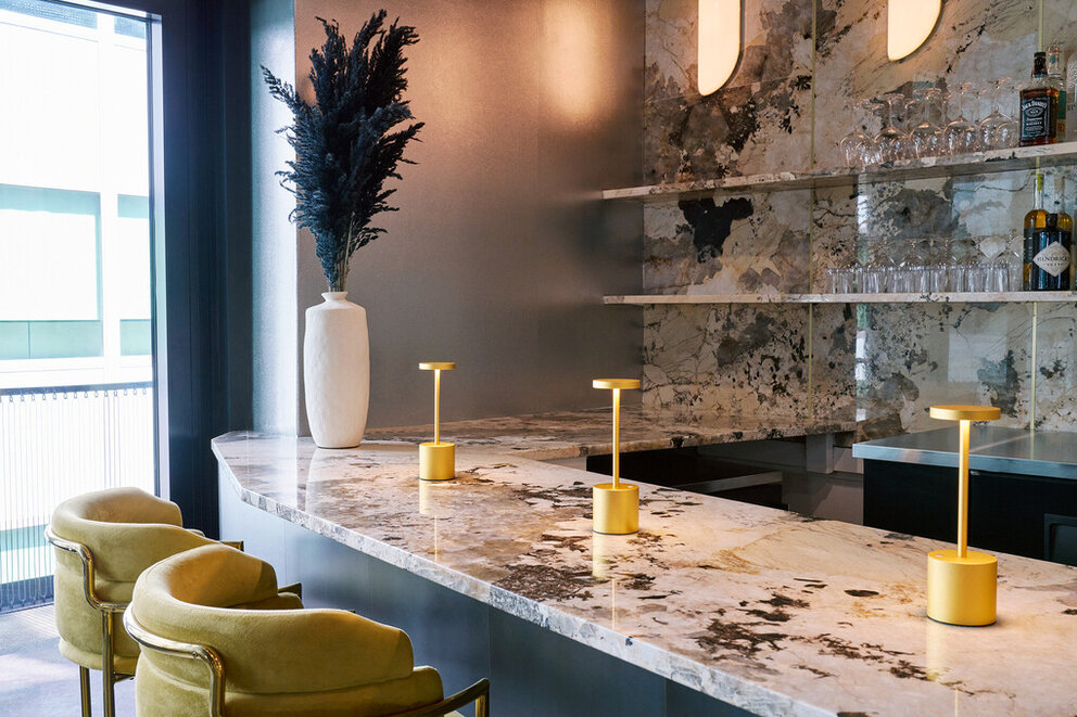 a marble counter with a vase and a plant on it